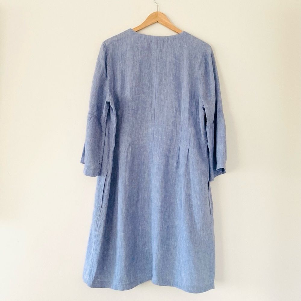 J. Jill Love Linen Blue Dress Bell Sleeves Deep Slid Front sz L Natural Coastal - Picture 5 of 11